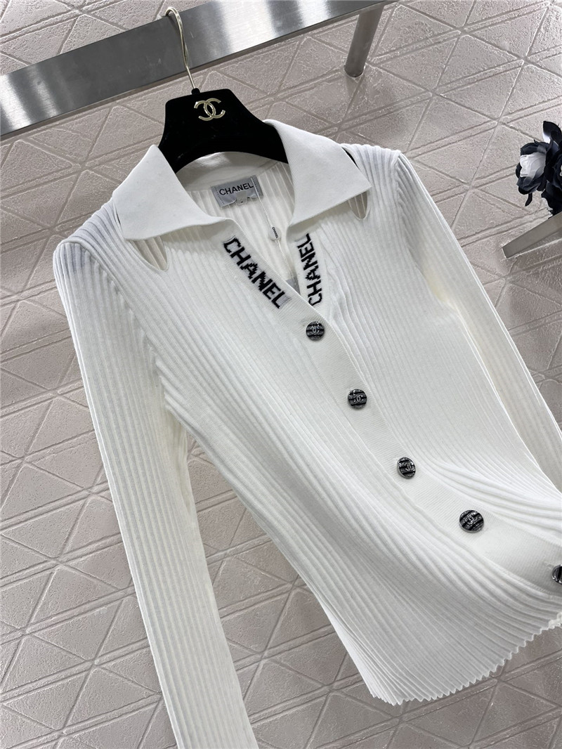 Chanel Logo-Intarsia Ribbed Polo Cardigan White