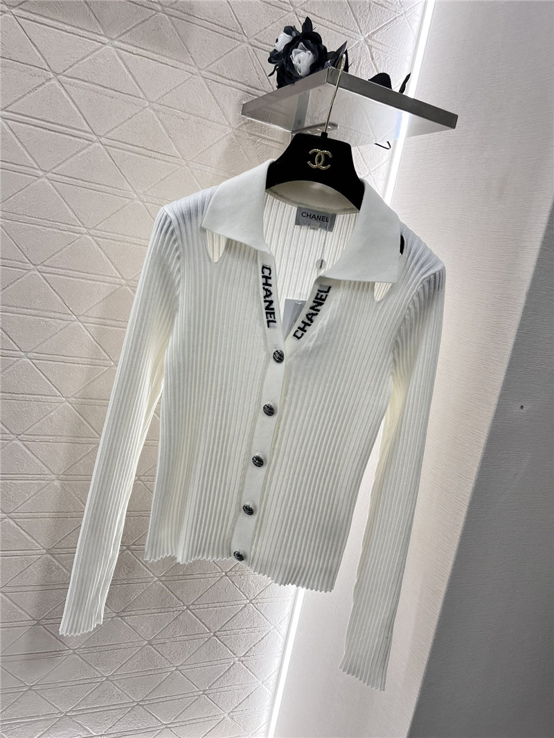 Chanel Logo-Intarsia Ribbed Polo Cardigan White