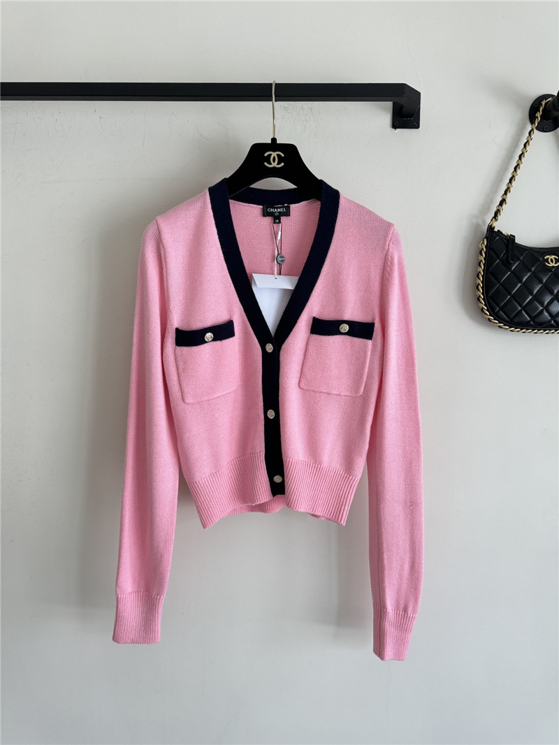 Chanel V-Neck Crop Trim Cardigan Pink/Black