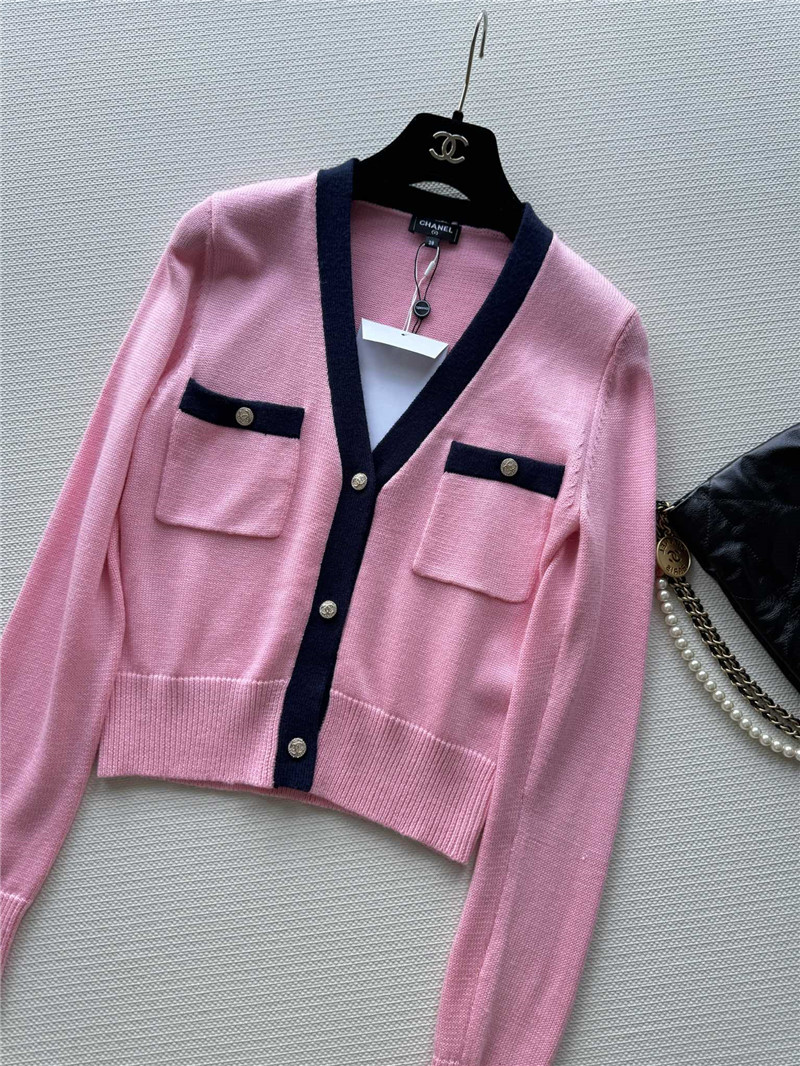 Chanel V-Neck Crop Trim Cardigan Pink/Black