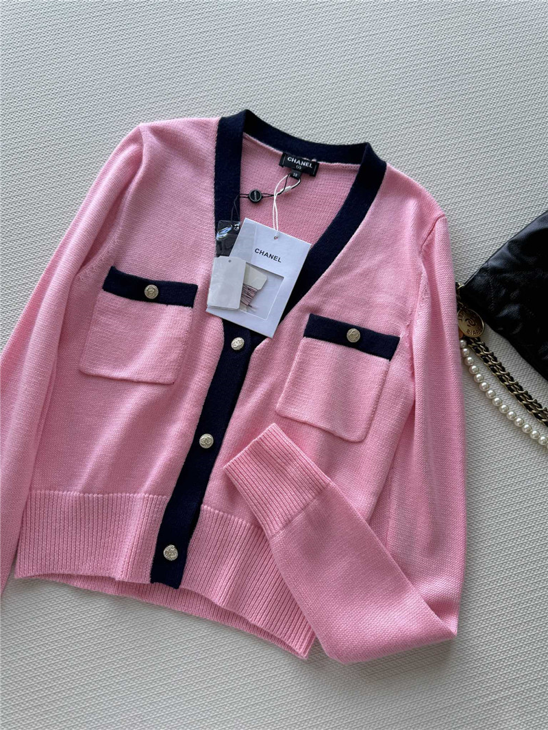 Chanel V-Neck Crop Trim Cardigan Pink/Black