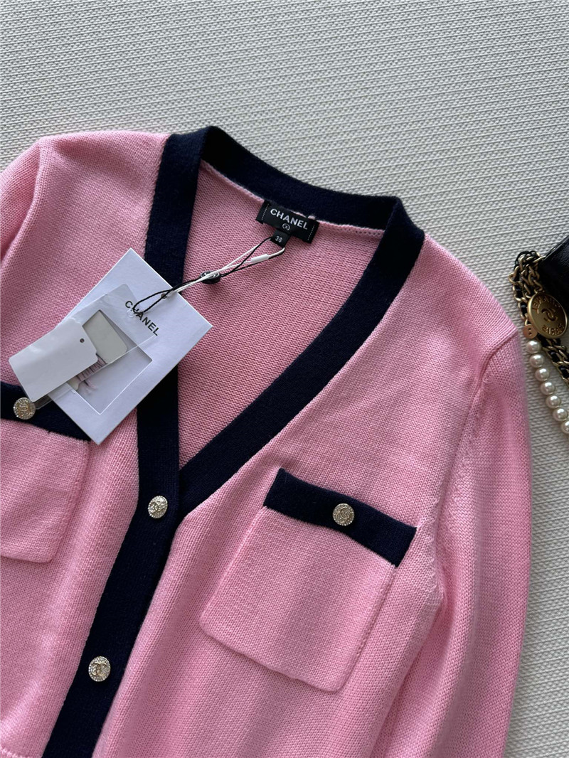 Chanel V-Neck Crop Trim Cardigan Pink/Black