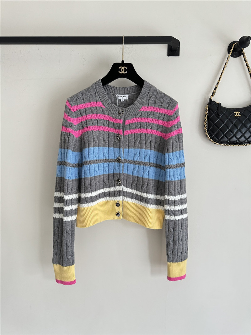 Chanel Multicolor Striped Cable Cardigan Grey