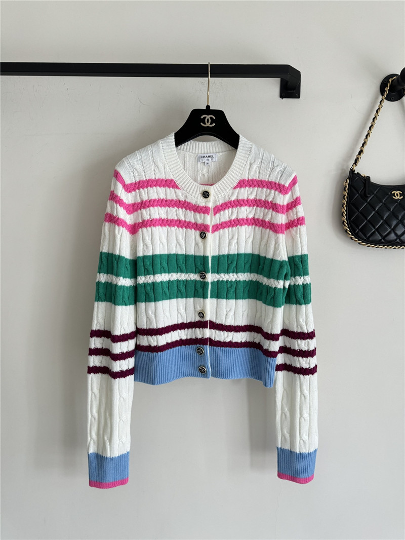 Chanel Multicolor Striped Cable Cardigan White