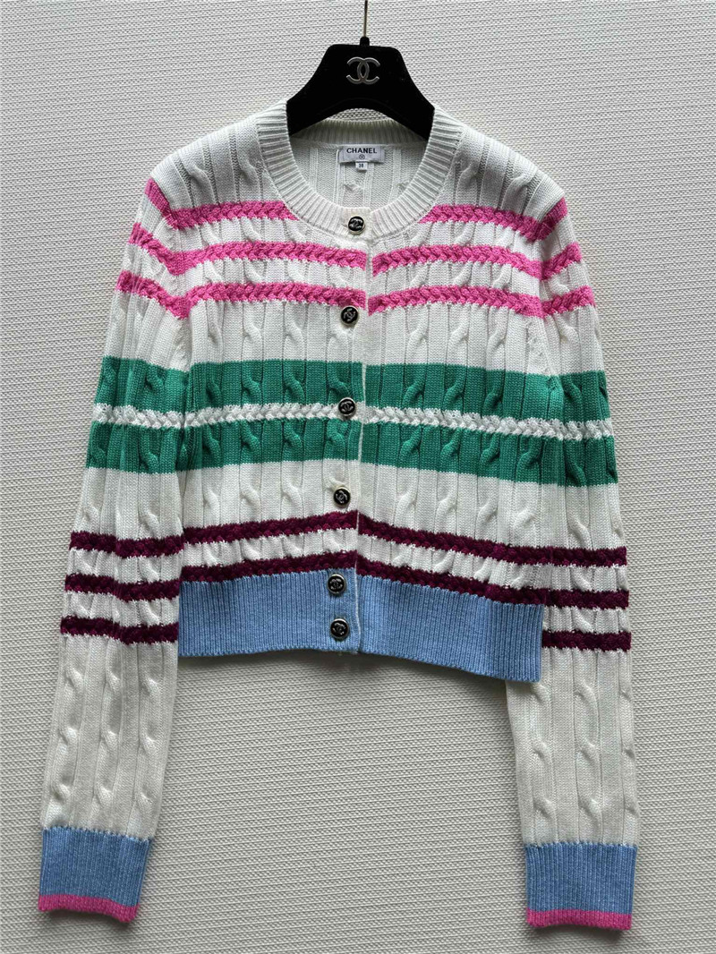 Chanel Multicolor Striped Cable Cardigan White