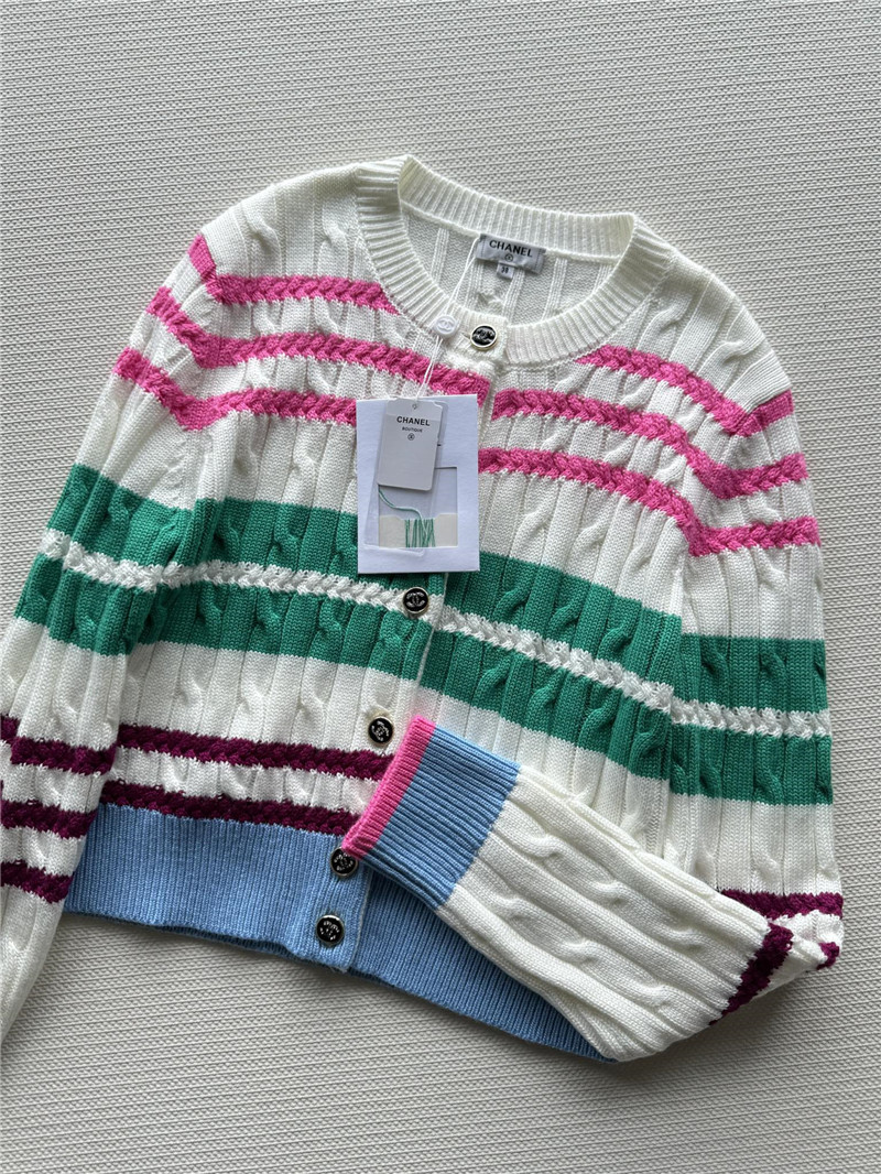 Chanel Multicolor Striped Cable Cardigan White