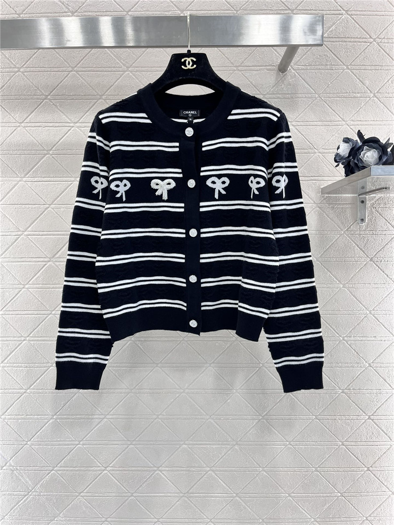 Chanel Bow Intarsia Striped Cardigan Black/White