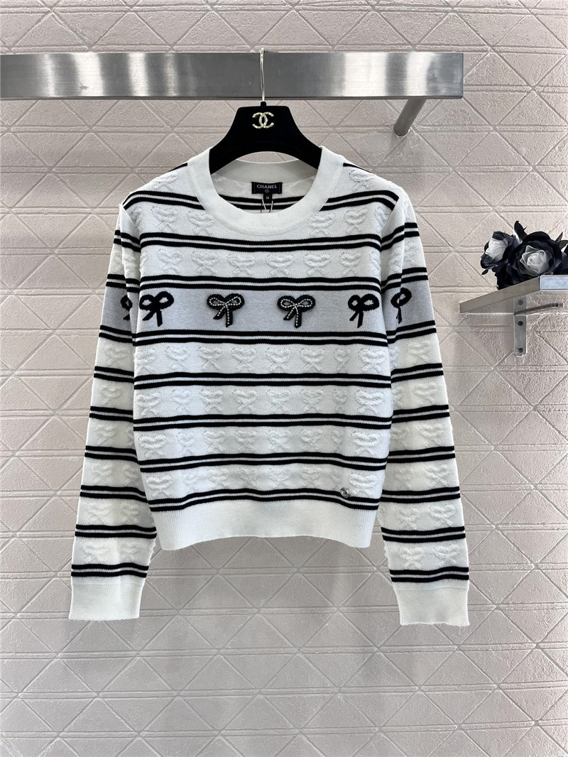 Chanel Bow Jacquard Striped Sweater Black/White