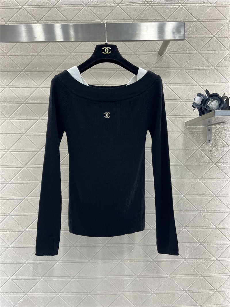 Chanel Contrast Off-Shoulder Knit Sweater Navy