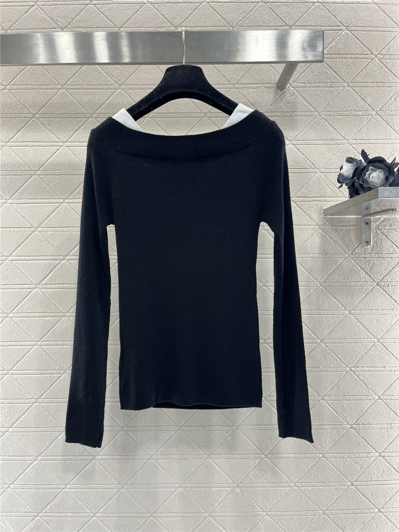 Chanel Contrast Off-Shoulder Knit Sweater Navy