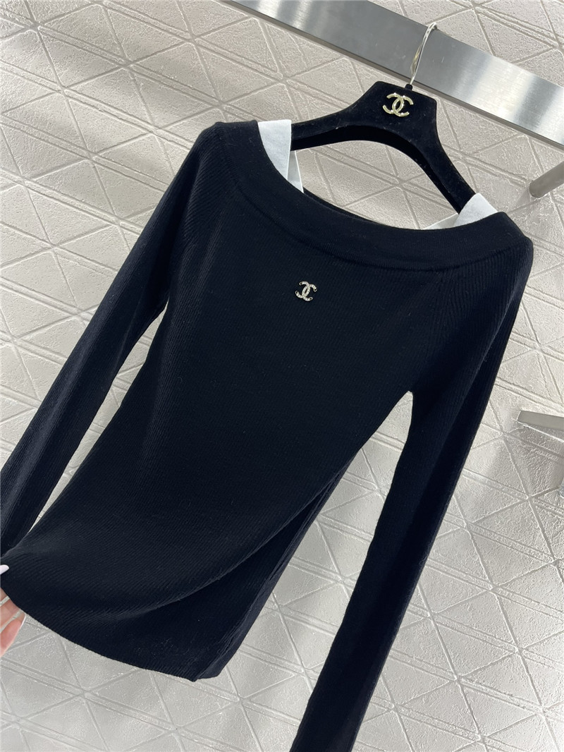 Chanel Contrast Off-Shoulder Knit Sweater Navy