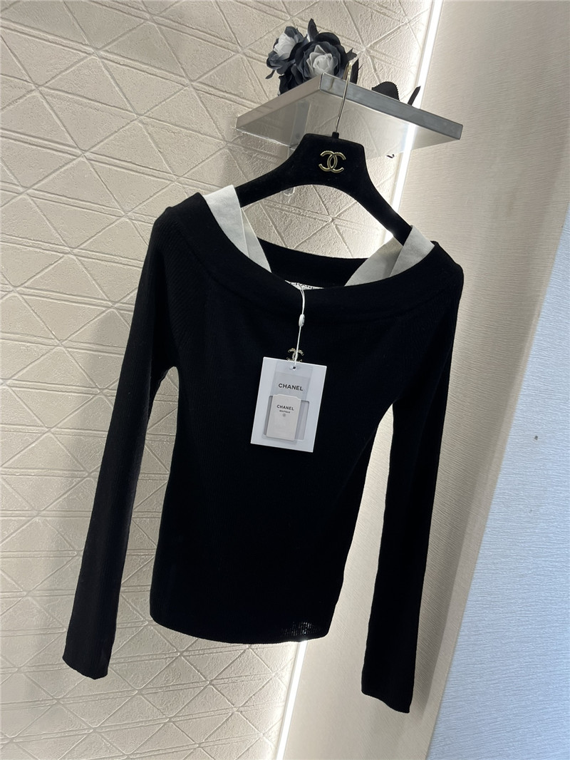 Chanel Contrast Off-Shoulder Knit Sweater Navy