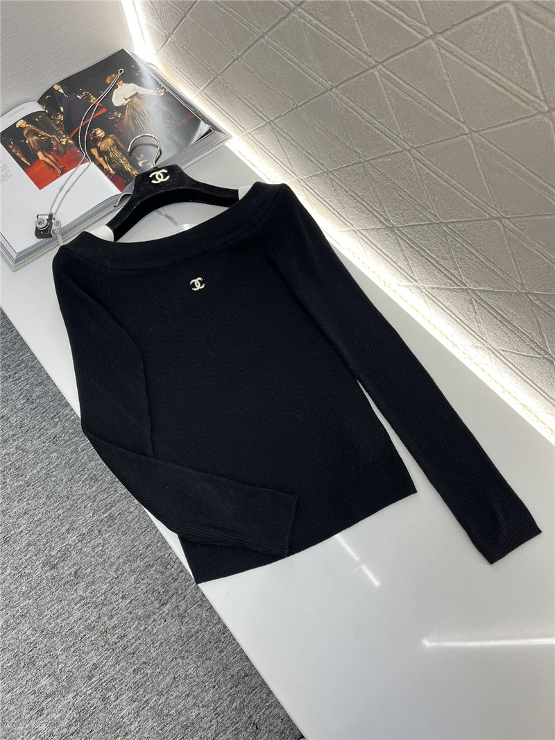 Chanel Contrast Off-Shoulder Knit Sweater Navy