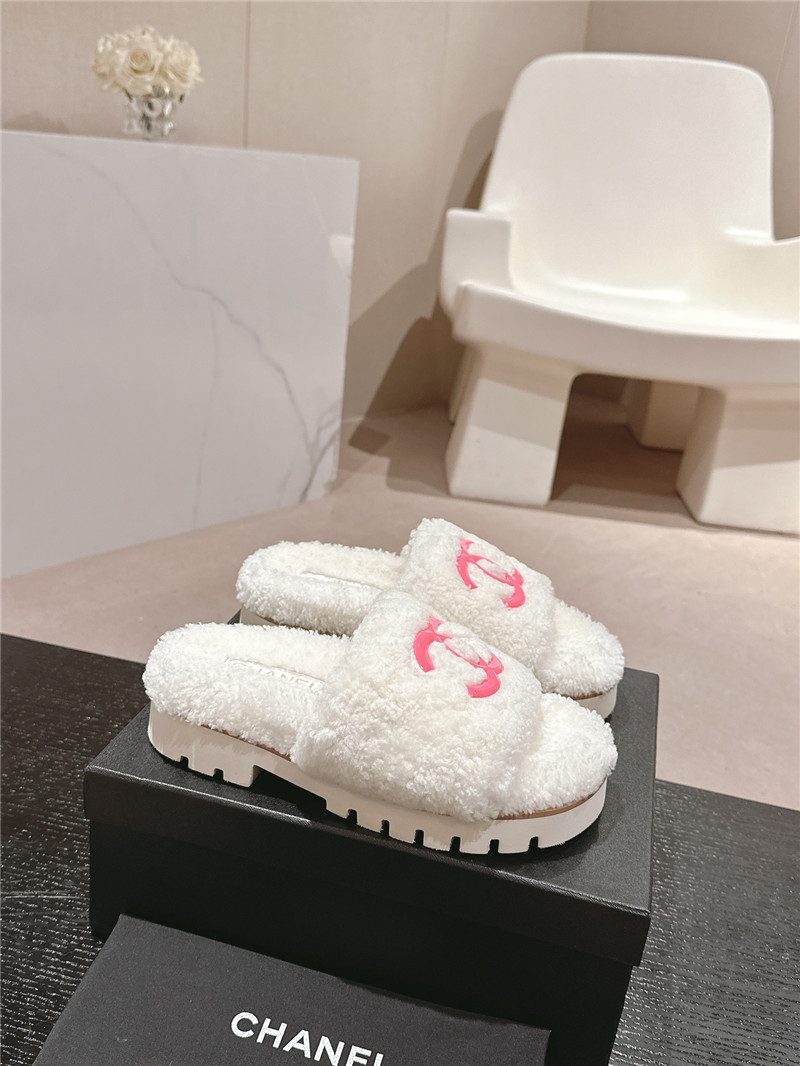 Chanel White Wool Home Slide Slippers