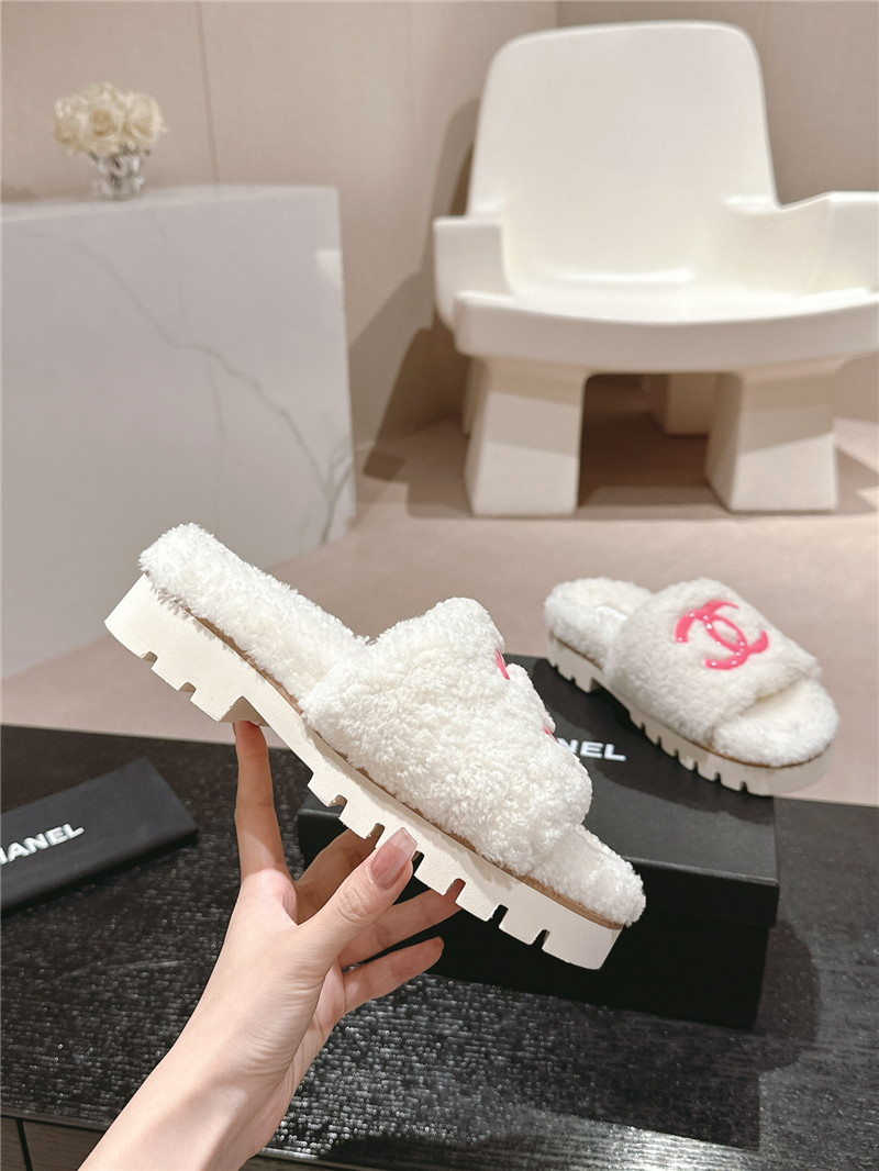 Chanel White Wool Home Slide Slippers