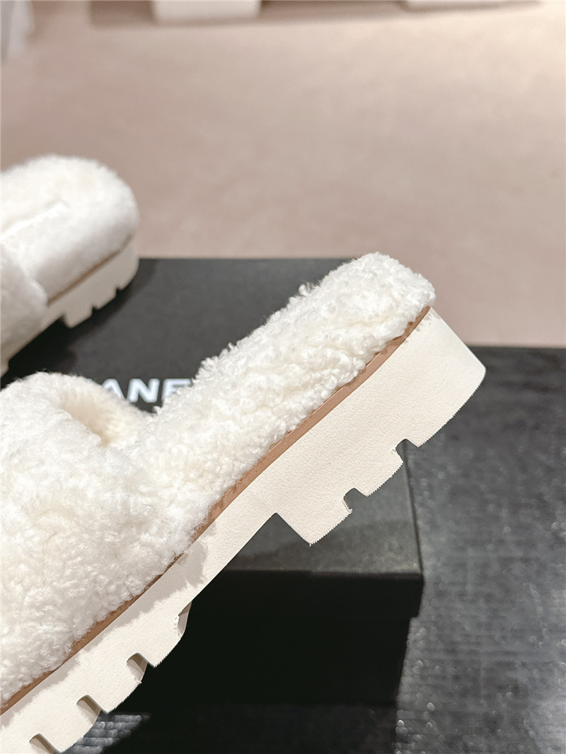 Chanel White Wool Home Slide Slippers