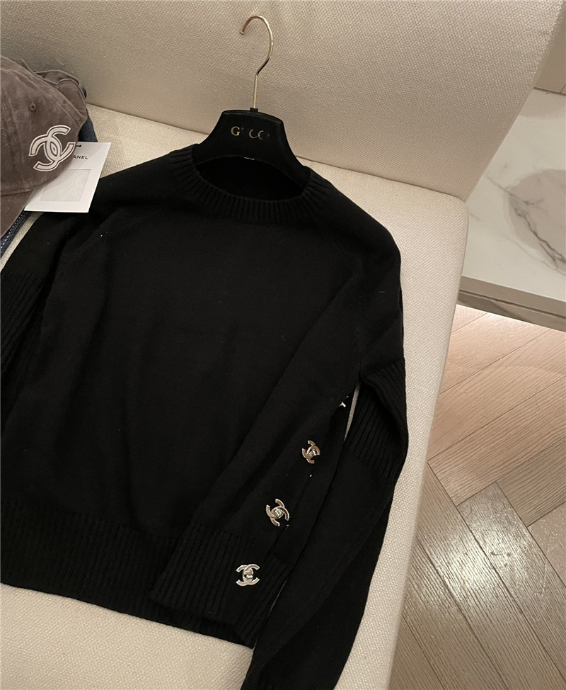 Chanel Buttons Trim Rib-Knit Sweater Black