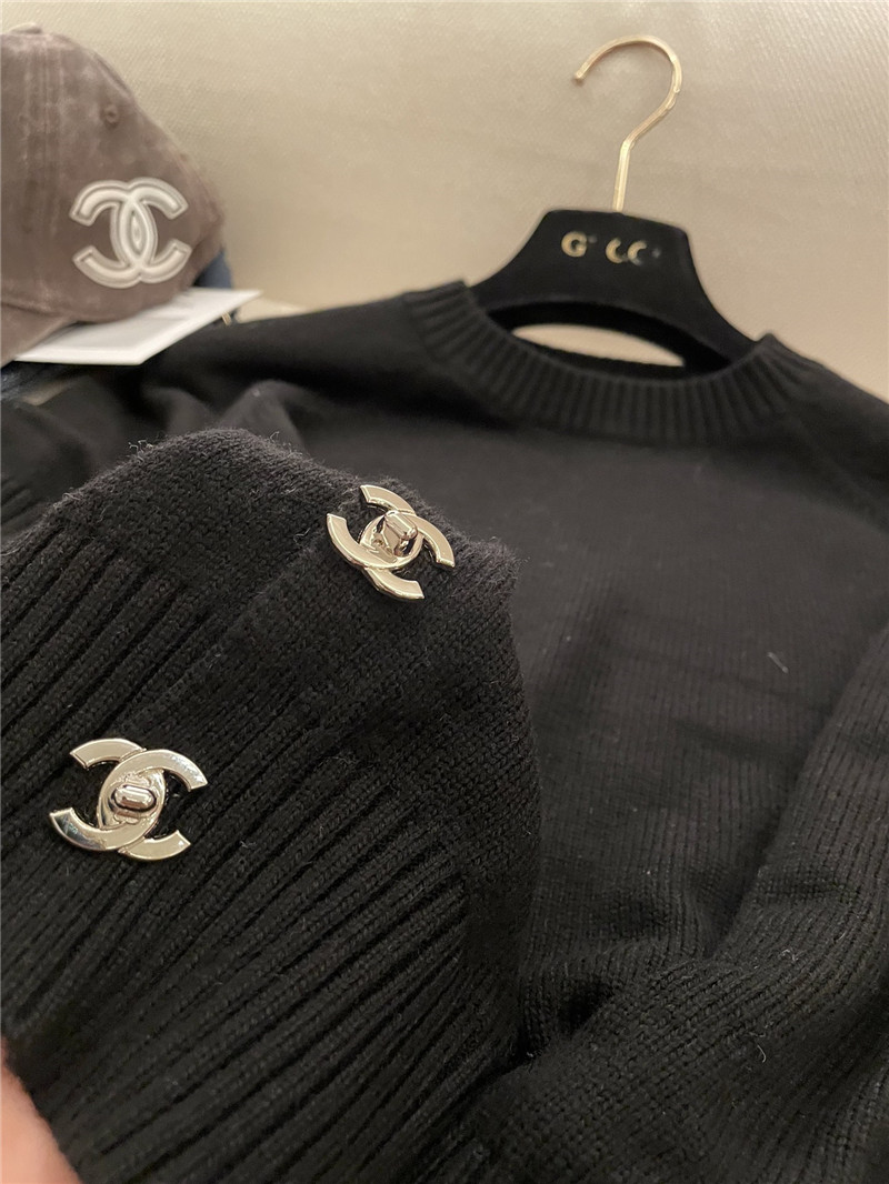 Chanel Buttons Trim Rib-Knit Sweater Black