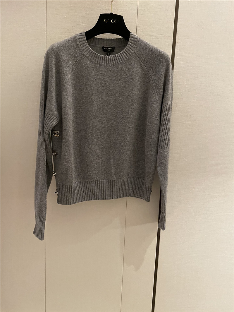 Chanel Buttons Trim Rib-Knit Sweater Grey