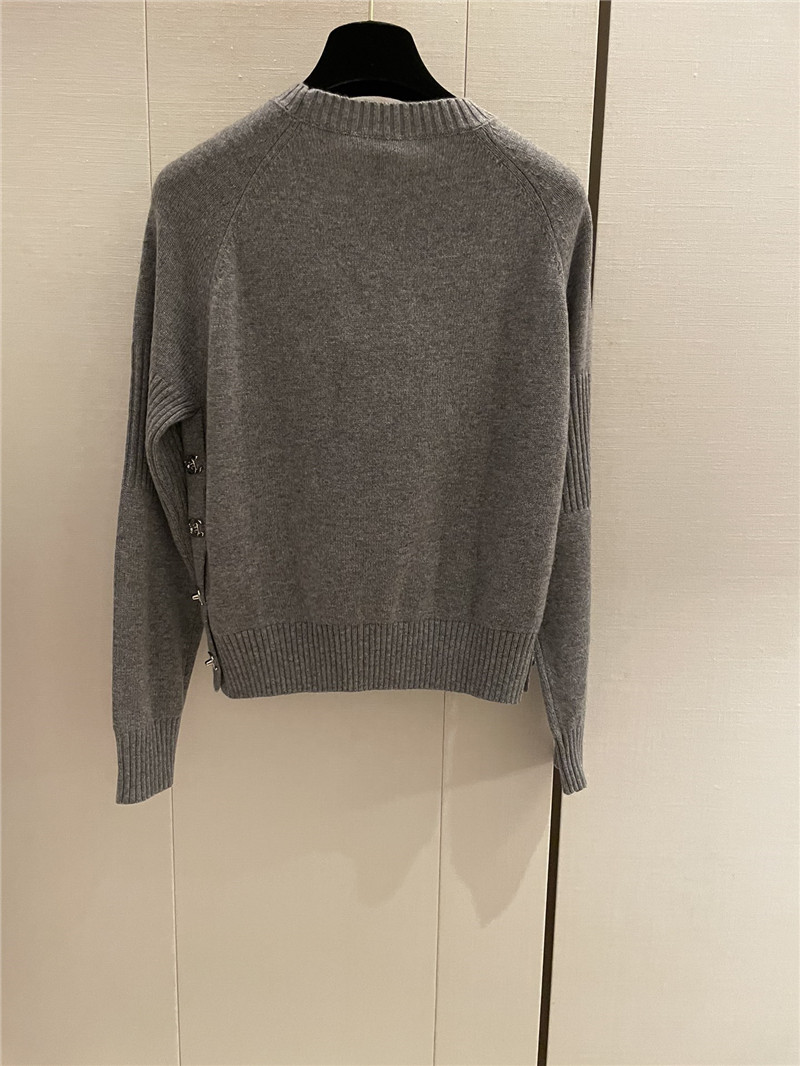 Chanel Buttons Trim Rib-Knit Sweater Grey