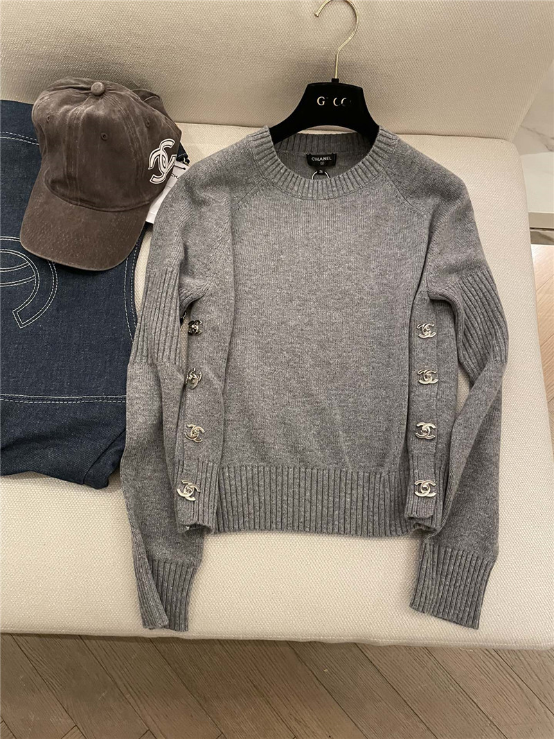 Chanel Buttons Trim Rib-Knit Sweater Grey