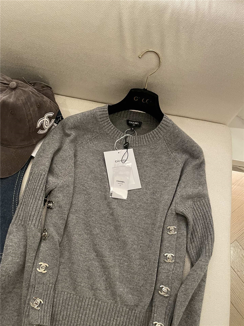 Chanel Buttons Trim Rib-Knit Sweater Grey