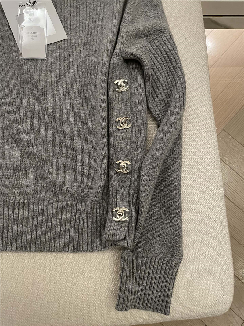 Chanel Buttons Trim Rib-Knit Sweater Grey