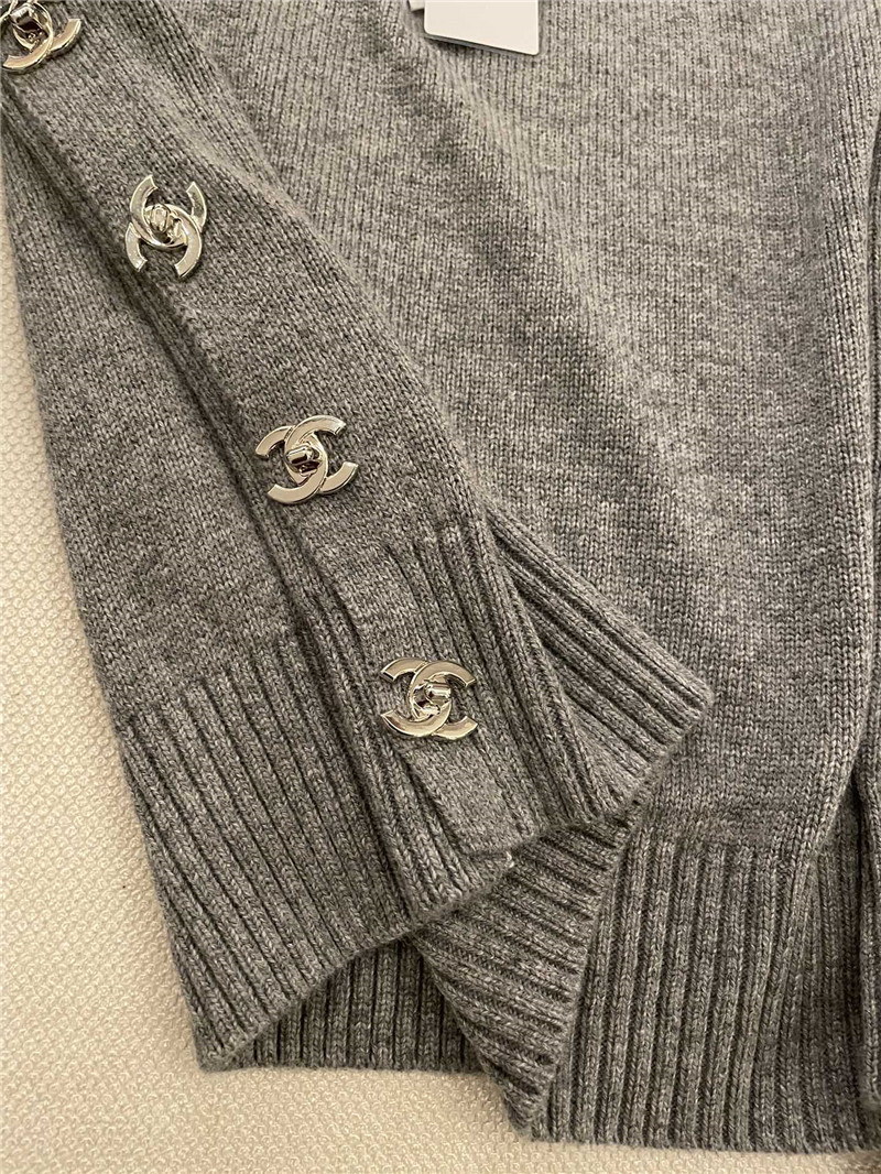Chanel Buttons Trim Rib-Knit Sweater Grey