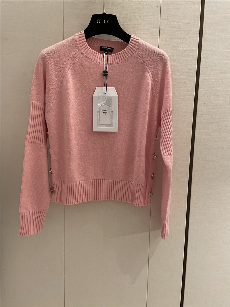 Chanel Buttons Trim Rib-Knit Sweater Pink