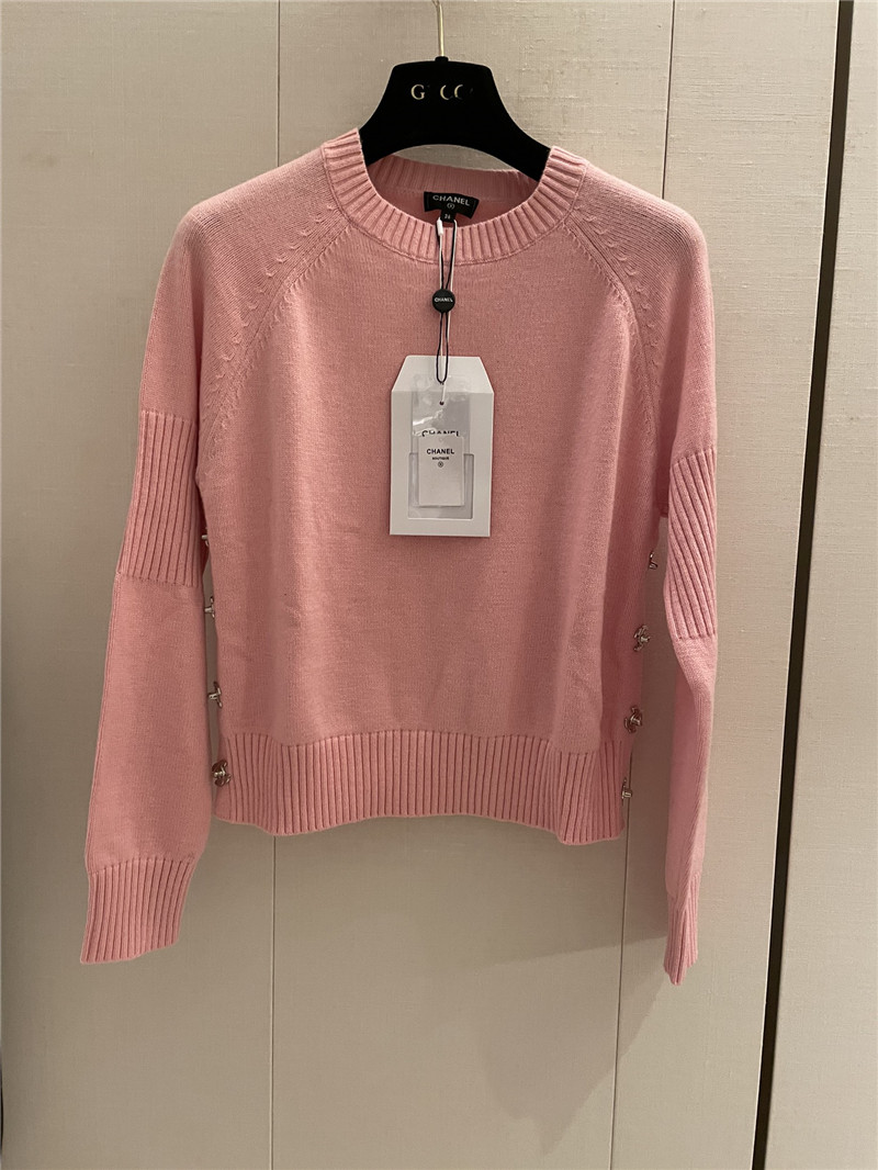 Chanel Buttons Trim Rib-Knit Sweater Pink