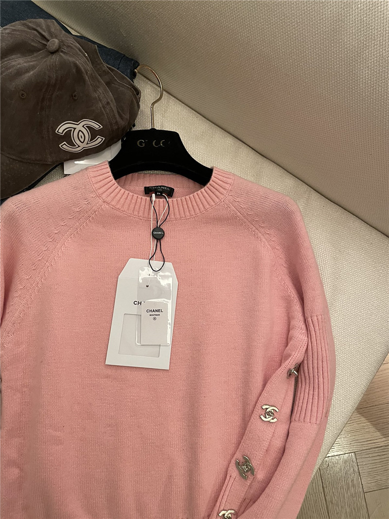 Chanel Buttons Trim Rib-Knit Sweater Pink