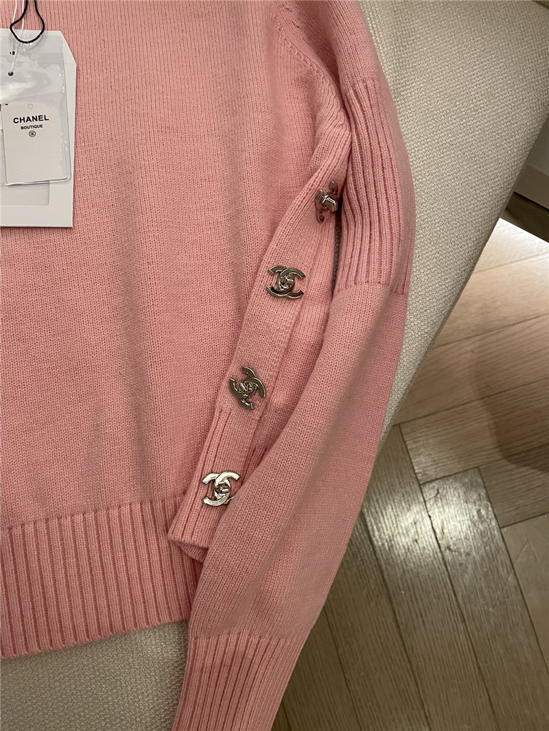 Chanel Buttons Trim Rib-Knit Sweater Pink