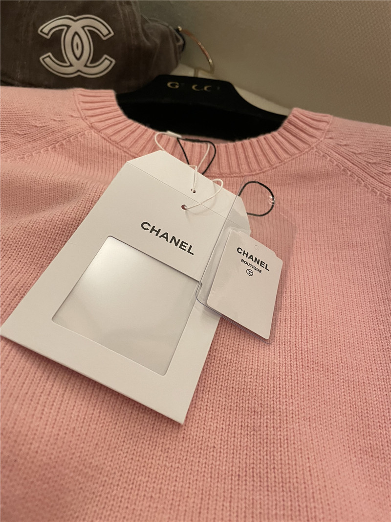 Chanel Buttons Trim Rib-Knit Sweater Pink