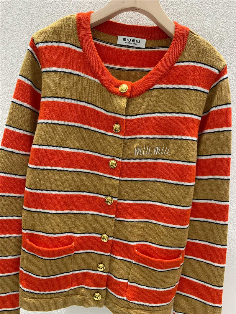 Miu Miu Crewneck Striped Cardigan Beige/Orange