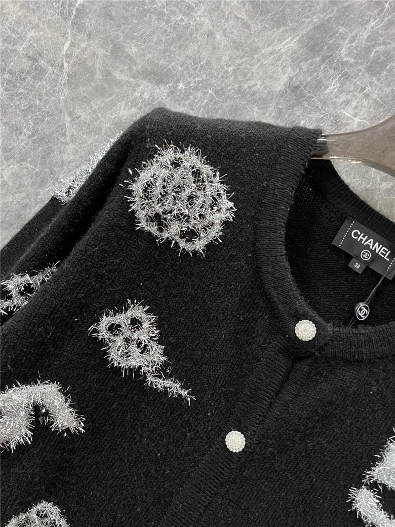 Ch**el crew-neck camellia jacquard cardigan black