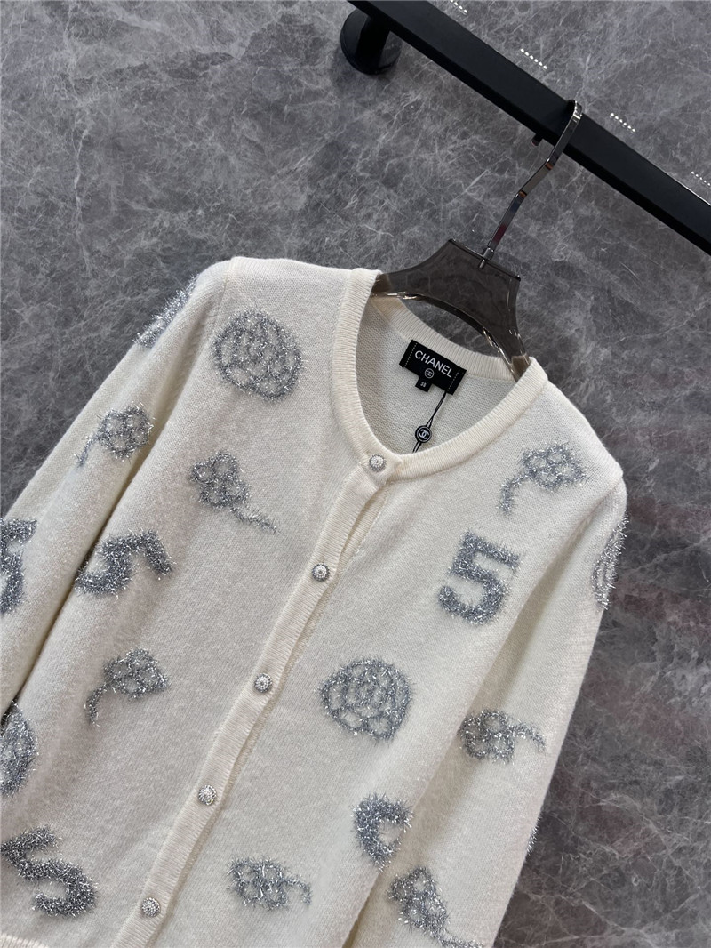 Ch**el crew-neck camellia jacquard cardigan in white