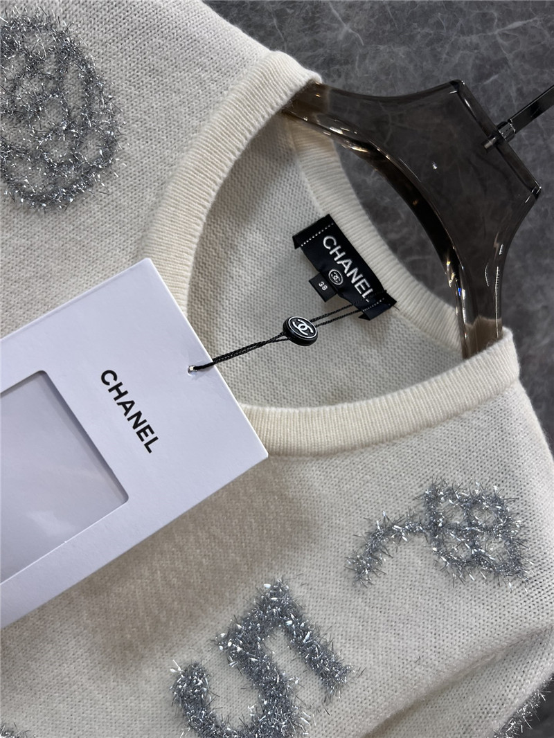 Ch**el crew-neck camellia jacquard cardigan in white