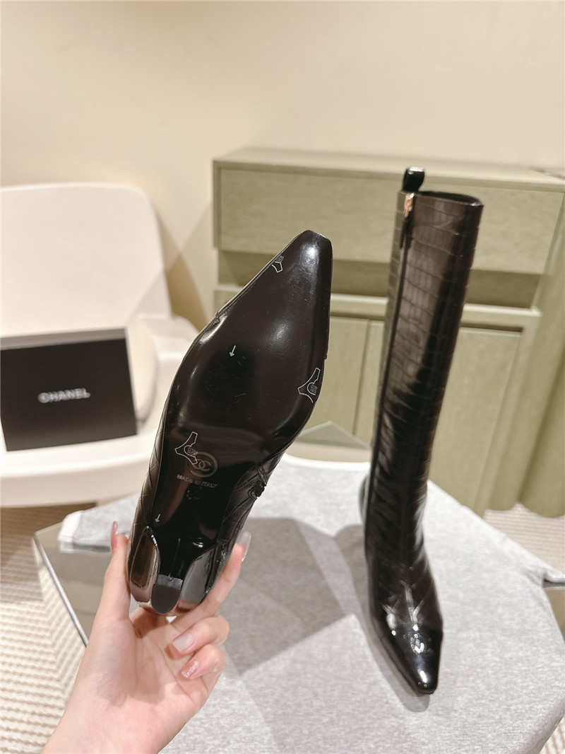 Ch**el pointed toe crocodile knee-high boots