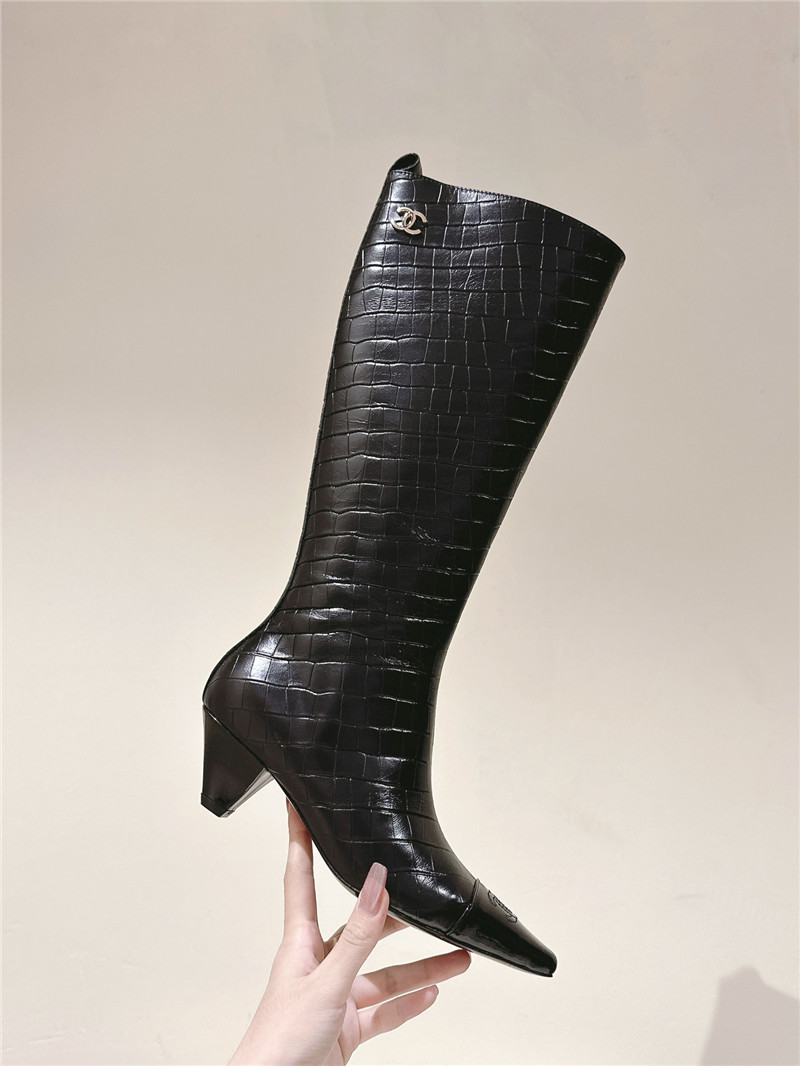 Ch**el pointed toe crocodile knee-high boots