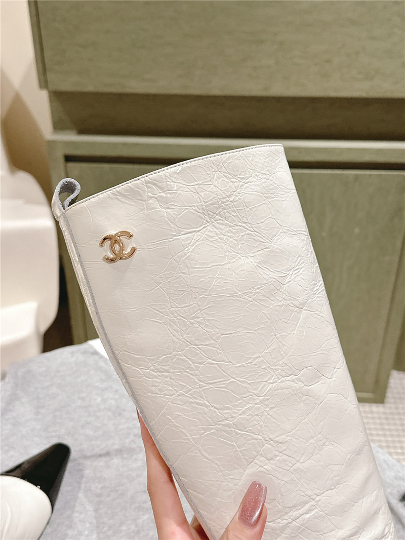 Ch**el pointed white oil-wax leather knee-high boots