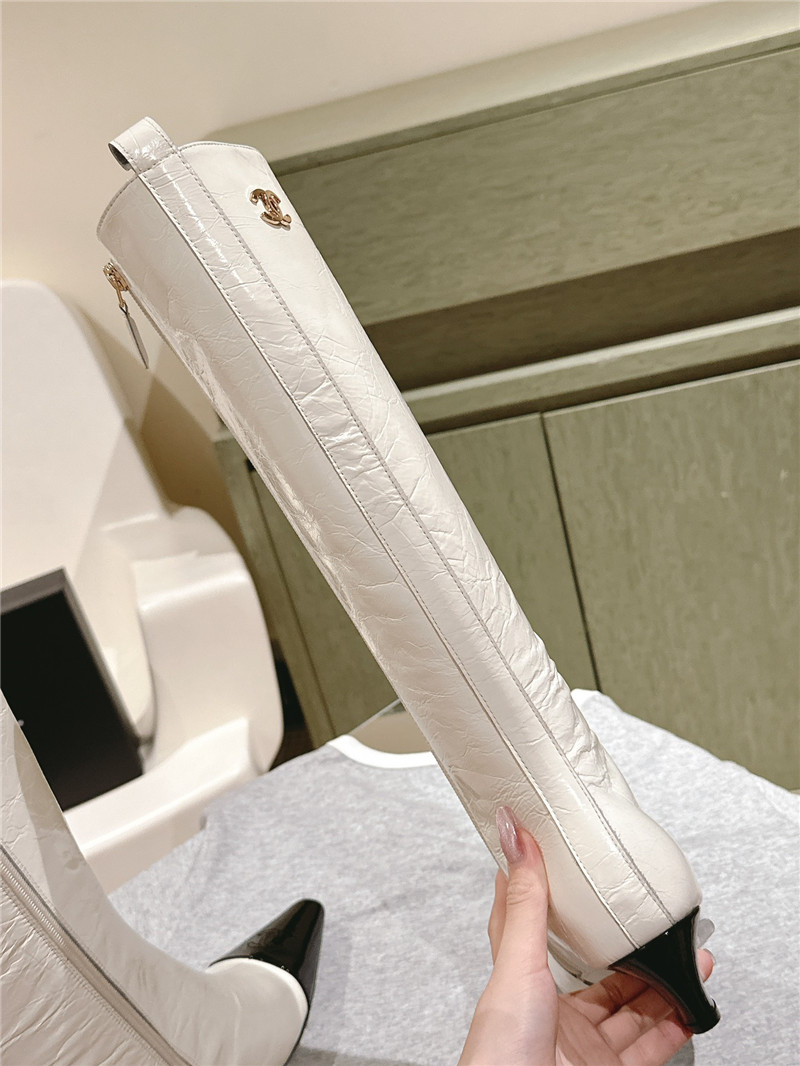 Ch**el pointed white oil-wax leather knee-high boots