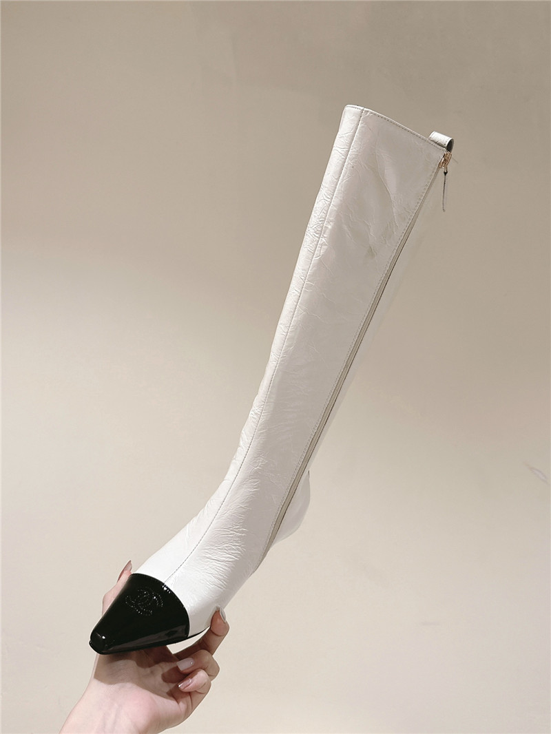 Ch**el pointed white oil-wax leather knee-high boots
