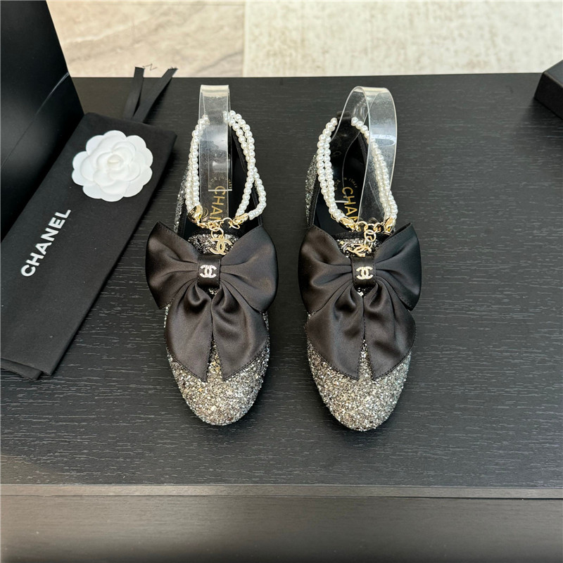 Ch**el bow pearl ankle mary jane flats silver glitter