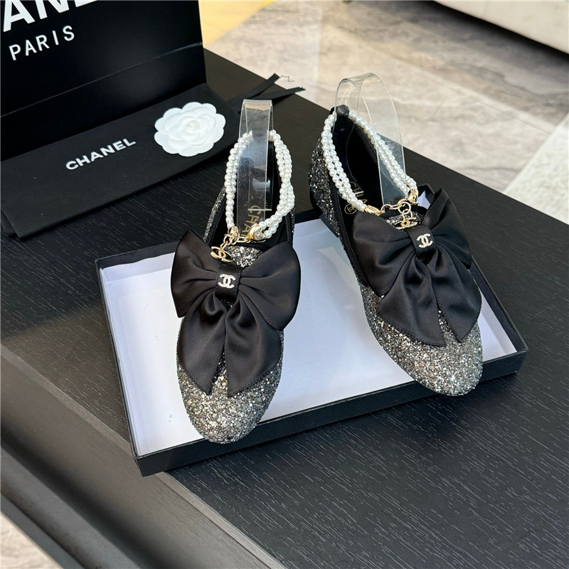 Ch**el bow pearl ankle mary jane flats silver glitter