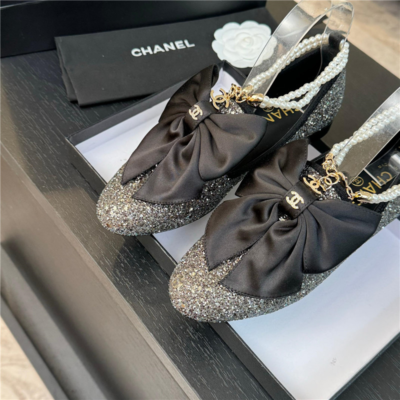 Ch**el bow pearl ankle mary jane flats silver glitter