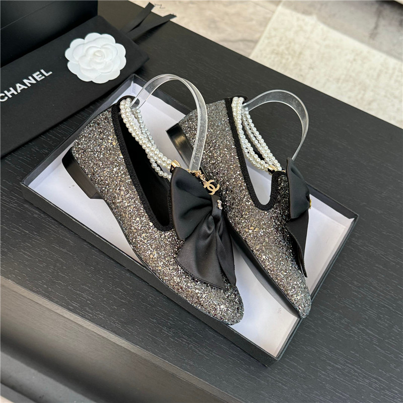 Ch**el bow pearl ankle mary jane flats silver glitter