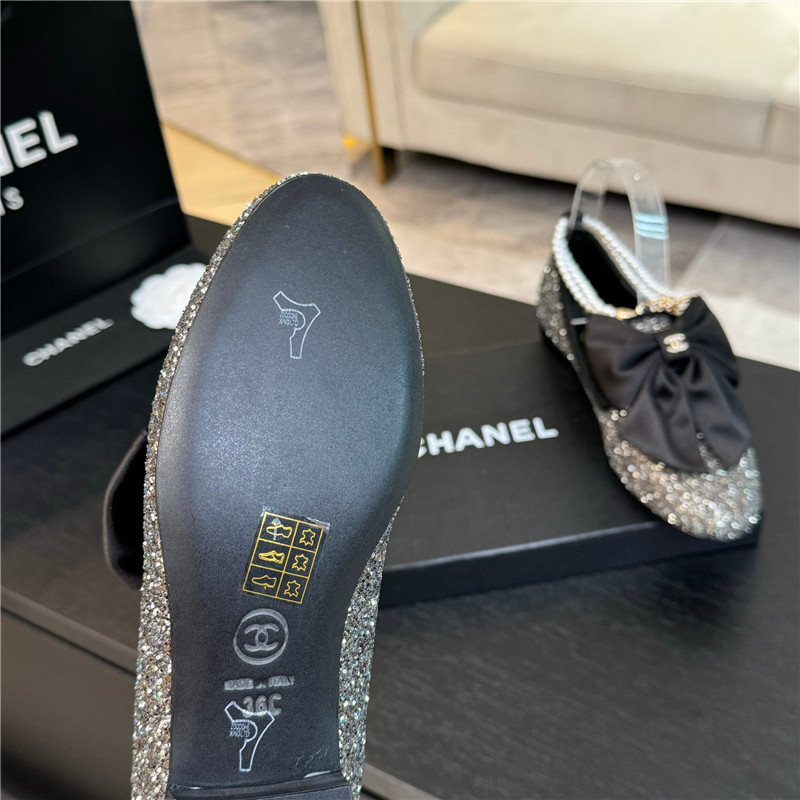 Ch**el bow pearl ankle mary jane flats silver glitter