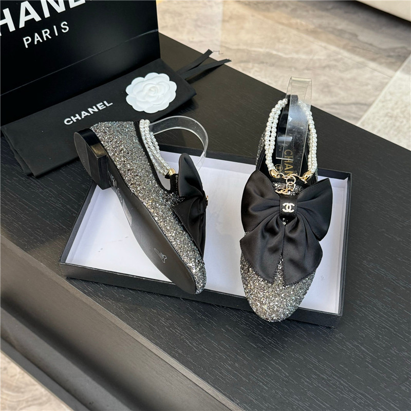 Ch**el bow pearl ankle mary jane flats silver glitter