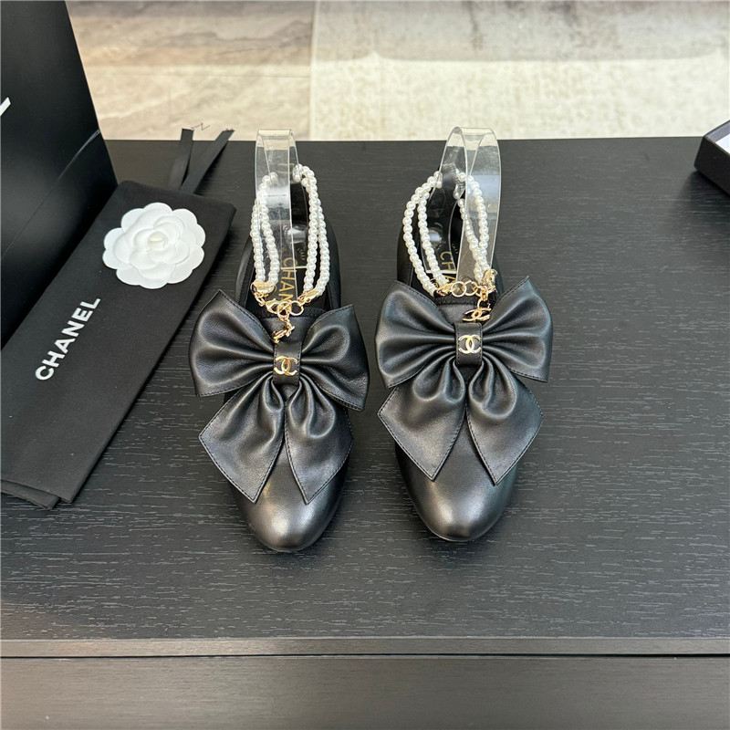 Ch**el bow pearl ankle mary jane flats black calfskin