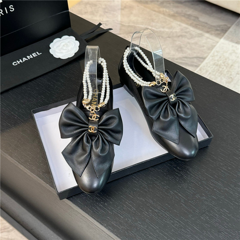 Ch**el bow pearl ankle mary jane flats black calfskin